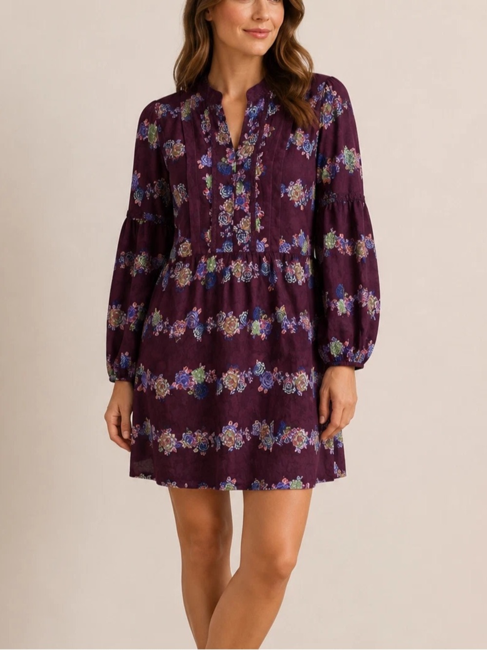 NEW Anthropologie Cottagecore Burgundy Purple Floral Tie-Front Mini Dress